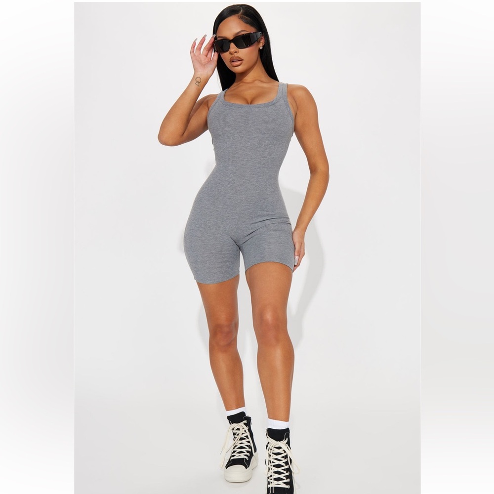 Fashionnova Aideen Ribbed Romper- Heather grey